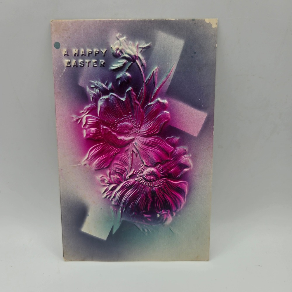 Vintage A Happy Easter Embossed Postcard Flowers Cross Dragon Logo Unposted